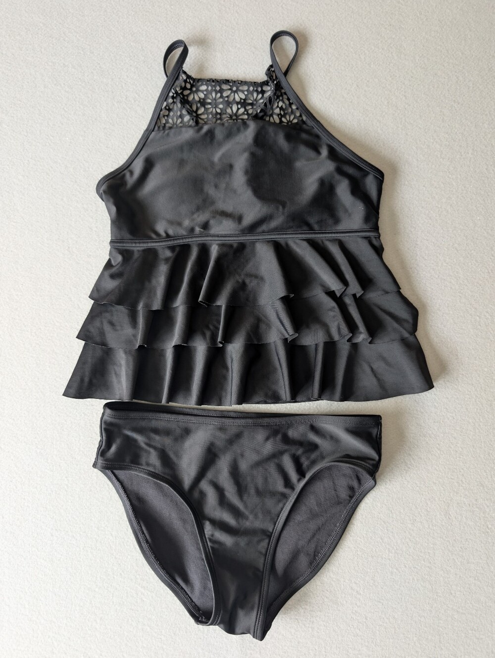 Girls Ruffle Tankini Swimsuit Floral Laser Cutout Padded Black Bikini L 12/14